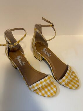 NWOT Yellow White Gingham Block Heel Sandal Ankle Strap Sz 8 Picnic Cottagecore
